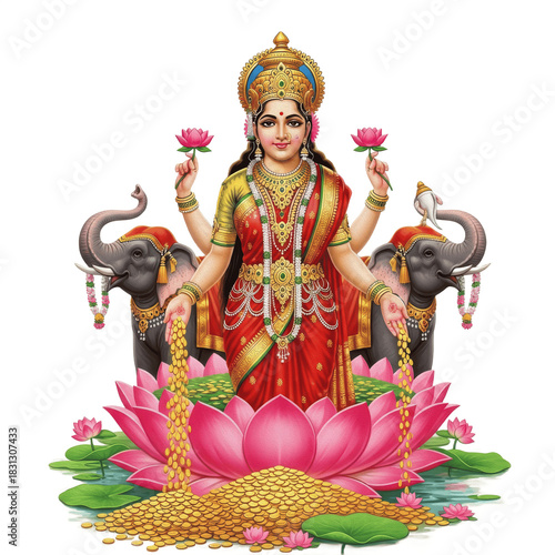 Hindu Goddess Lakshmi Seated on Lotus with Elephants and Gold Coins PNG Oil Paint