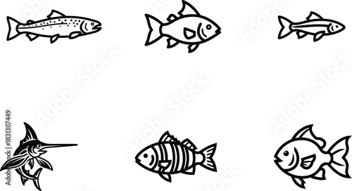 Collection of Fish Icons in Outline Style Vector Set Depicting Diverse Aquatic Creatures for Seafood Concepts and Marine Illustrations