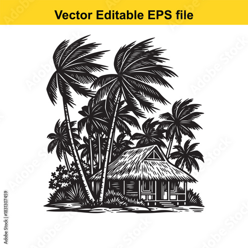 Black and white woodcut style vector illustration of a tropical beach hut or bungalow nestled among tall palm trees on a deserted island shore