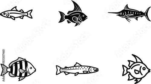 Collection of different fish species in minimal black and white vector illustration showcases aquatic diversity and stylized marine life imagery ideal for educational materials and designs