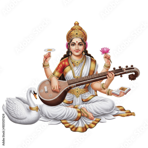 Hindu Goddess Saraswati Seated Playing Veena Musical Instrument with Swan PNG Oil Paint