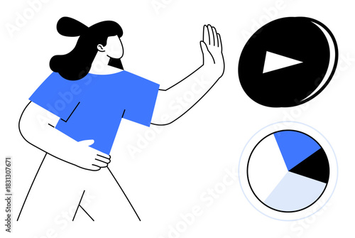 Woman gesturing toward a play button and a segmented pie chart. Ideal for media, data presentation, user engagement, decision-making, marketing, analytics, teamwork. Minimalist flat metaphor
