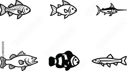Collection of Fish Illustrations in Black and White Featuring Various Species of Fish for Design and Decor Projects Underwater Life Aquatic Animals