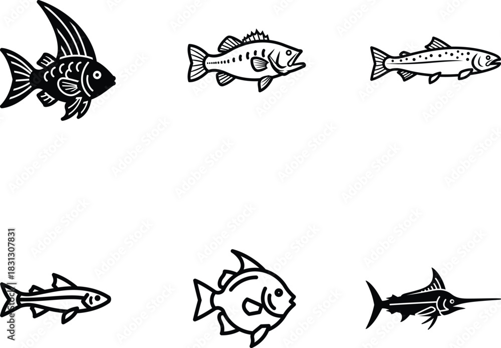 Fototapeta premium Diverse Fish Species Graphic Collection Featuring Angelfish Bass Trout Anchovy Pomfret and Swordfish in Black and White Line Art Perfect for Marine Biology or Seafood Concepts