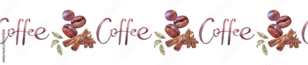 Obraz premium Watercolor seamless border with coffee bean and cinnamon and badian on white background. Fragrance condiment and lettering for cooking dessert or drink. Christmas food. Cookbook and wallpaper rim