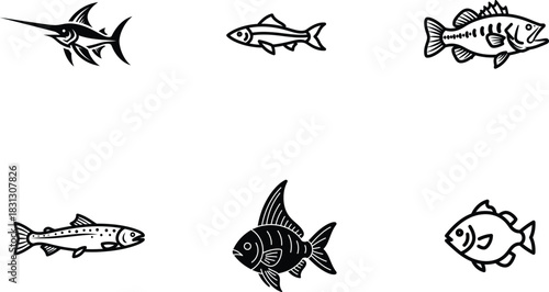 Collection of stylized black and white fish illustrations showcasing a variety of species and graphic designs offering a simple minimalist aesthetic ideal for marine life themed concepts