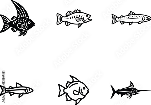 Diverse Fish Species Graphic Collection Featuring Angelfish Bass Trout Anchovy Pomfret and Swordfish in Black and White Line Art Perfect for Marine Biology or Seafood Concepts