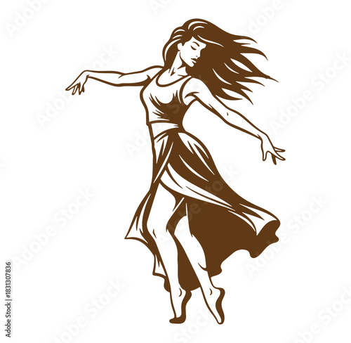 Graceful silhouette of a dancing woman in flowing dress with wind swept hair