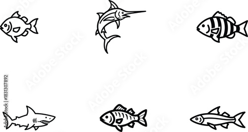 Variety of fish species in minimalist black and white line art design offering versatile design possibilities and creative applications showcasing aquatic diversity and simplistic elegance