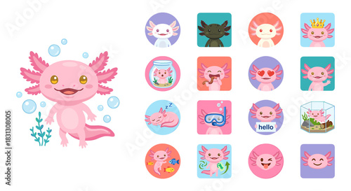 A collection of cartoon axolotls in various poses and expressions, some with accessories and in different settings.