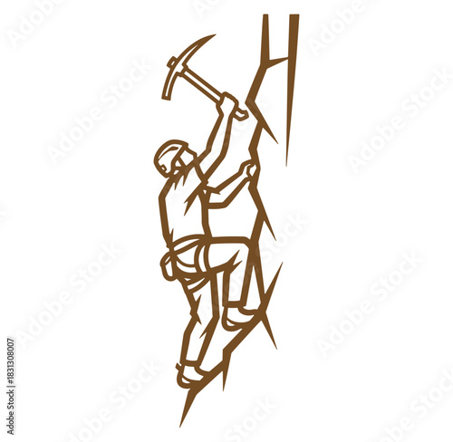 Vector illustration of a rock climber ascending a steep mountain using an ice axe