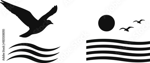 Coastal beach life icons: flying seagull, sun, and waves minimalist vector silhouettes