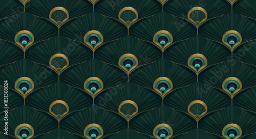 peacock feathers pattern dark green and gold fan design creates a rich vintage backdrop for luxury brands fashion textiles and elegant presentations.