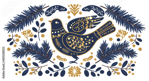 folk art bird illustration a festive avian design with intricate floral motifs for holiday cards winter decorations and seasonal graphic design projects.