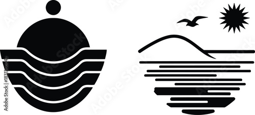 Minimalist ocean sea landscape icons set. sunrise sunset nature wave vector graphics