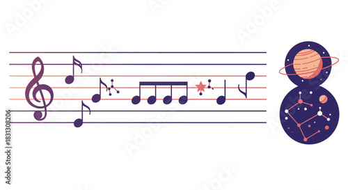 musical composition of the cosmos notes arranged on a staff with planetary symbols ideal for music education or space-themed design projects