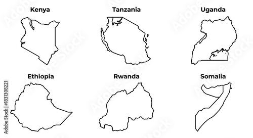 Outlined maps of six East African countries: Kenya, Tanzania, Uganda, Ethiopia, Rwanda, and Somalia.