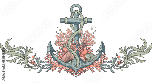 ornate anchor with coral an anchor surrounded by coral and plants evoking nautical themes ideal for marine biology presentations  sea life blogs.