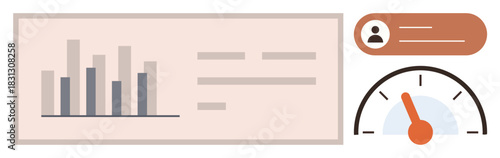 Bar graph, analytics text, profile avatar, and performance gauge. Ideal for analytics, dashboard, monitoring, optimization performance statistics progress tracking. Clean flat metaphor