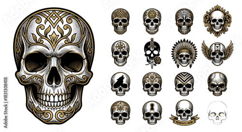 Collection of various ornate skull designs with gold and silver patterns on a white background in a flat lay composition.