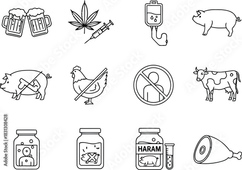 Collection of icons and illustrations representing prohibited foods and substances vector