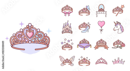 Collection of illustrated tiaras, crowns, and related princess-themed accessories, isolated on white.