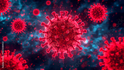Glowing digital virus with red binary codes and spikes