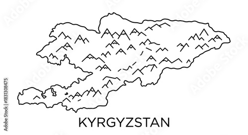 Outlined map of Kyrgyzstan with mountain range illustrations, simple design.