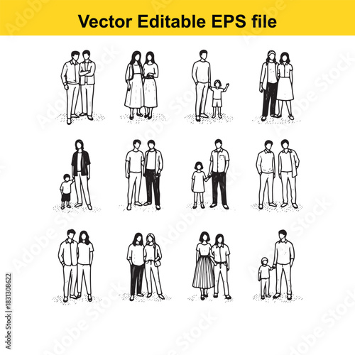 Collection of hand drawn sketch icons representing various family and couple groupings, isolated on white background