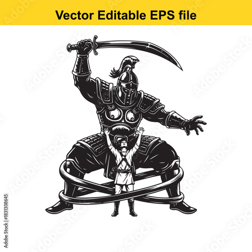 Black and white vector illustration of a giant medieval warrior in full armor holding a scimitar sword above a small captive person tied with rope isolated on white background