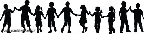 Silhouette group of children holding hands, unity, friendship, teamwork, playful kids together, childhood connection illustration for education, community, inclusivity concepts