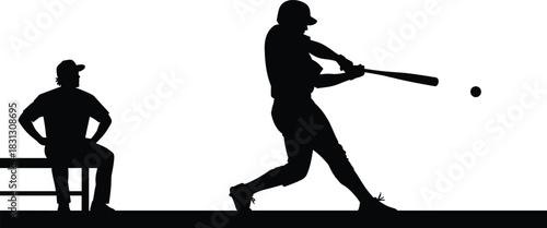 Silhouette of baseball player swinging bat to hit ball, athlete in action with teammate sitting on bench, sports training scene illustration