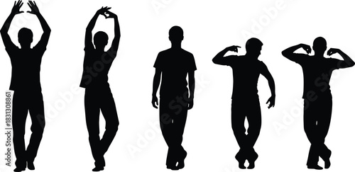 Silhouette of man performing various expressive poses, dancing, gesturing with hands raised and arms flexed, balanced stances, isolated on white background