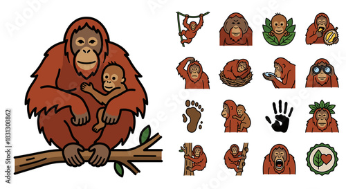 A digital illustration of an orangutan and its cub sitting on a branch with various orangutan icons and symbols arranged beside them on a white background.