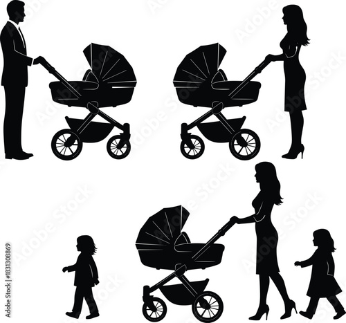 Silhouette of parents pushing baby strollers with children walking, family parenting scene for childcare, motherhood, fatherhood, lifestyle and illustration projects