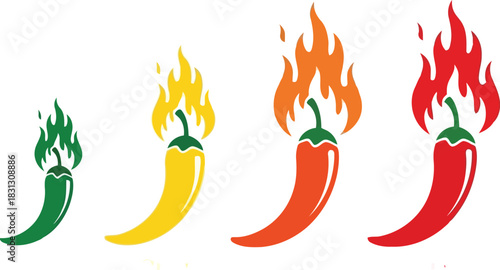 Chili pepper heat levels mild to extra hot with flames spicy food ingredient flavor intensity vector