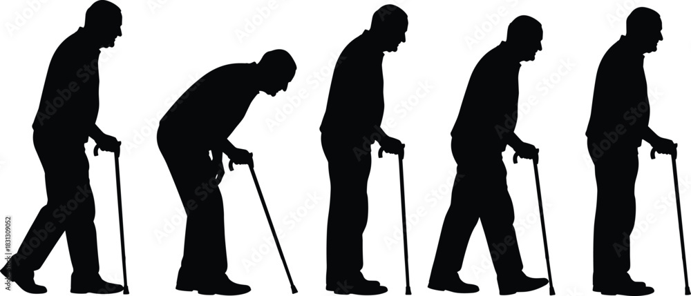 Obraz premium Silhouette sequence of elderly man walking with cane, aging progression poses for health, mobility, medical, senior care and rehabilitation illustration themes