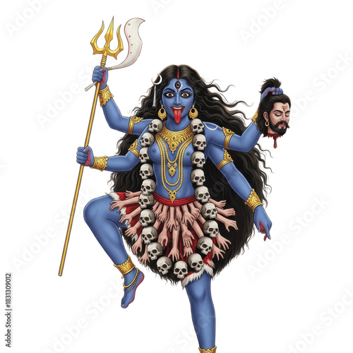 Foto Hindu Goddess Kali Maa Standing with Many Arms Wearing Skull Garland PNG Oil Pai