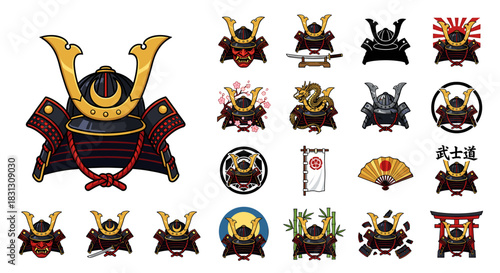 Collection of various Japanese samurai helmets and shields with different designs on a white background.