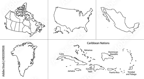 Outlined maps of North American countries and Caribbean nations, shown in a grid.