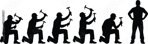 Silhouette sequence of construction worker kneeling and hammering, laborer performing repetitive motions, builder tool action poses, industrial work illustration on white