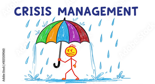 Creative Illustration of a Stick Figure Holding an Umbrella in the Rain, Symbolizing Crisis Management
