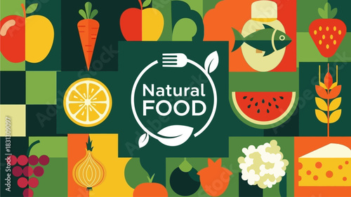 Natural Food Geometric Banner: Modern, Healthy, Organic Design Illustration