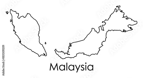 A simple line drawing of the country of Malaysia, including both the peninsula and Borneo sections.