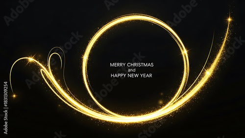 Golden light swirls and sparkles with Merry Christmas Happy New Year text glitter