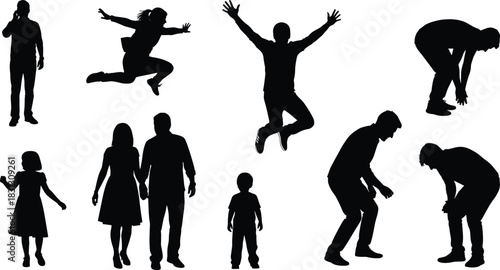 Silhouettes of adults and children standing, jumping, walking and bending in dynamic poses for family, activity, motion study, illustration and design projects