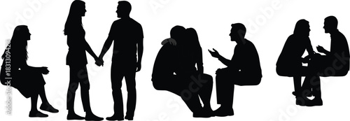 Silhouettes of couples sitting, talking and interacting in various poses, relationship communication illustration for love, counseling, conversation and social connection themes