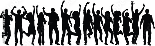 Silhouettes of energetic people jumping and celebrating together, group crowd raising hands, joyful motion, festive excitement, party celebration scene on white
