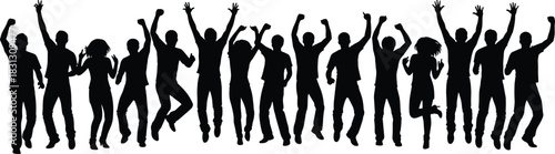 Silhouettes of energetic people jumping, cheering, celebrating together, group excitement, joyful movement, festive crowd illustration, expressive human poses on white background
