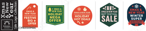 Boost holiday sales with this colorful Christmas and New Year sale logo collection, perfect for festive promotions and winter discounts on your seasonal products
